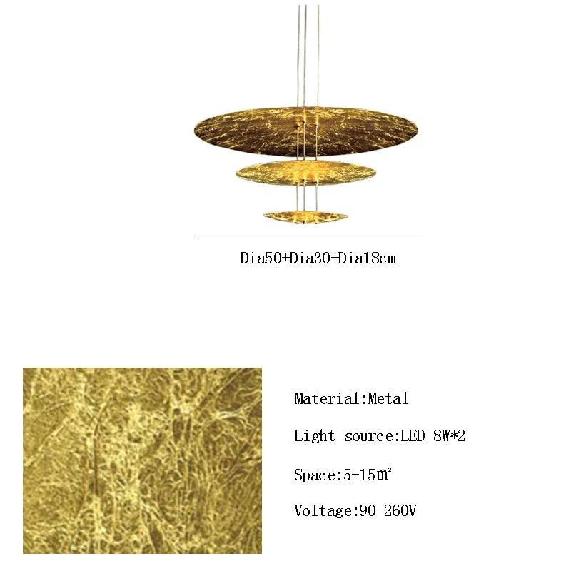 Gold pendant light with specifications on a white background