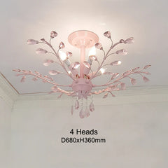 Pink Floral Crystal Semi-Flush Mount Ceiling Light with Branch Accents