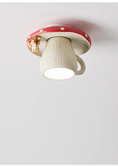 Red White Ceramic Mushroom Flush Mount Light with Squirrel Accent