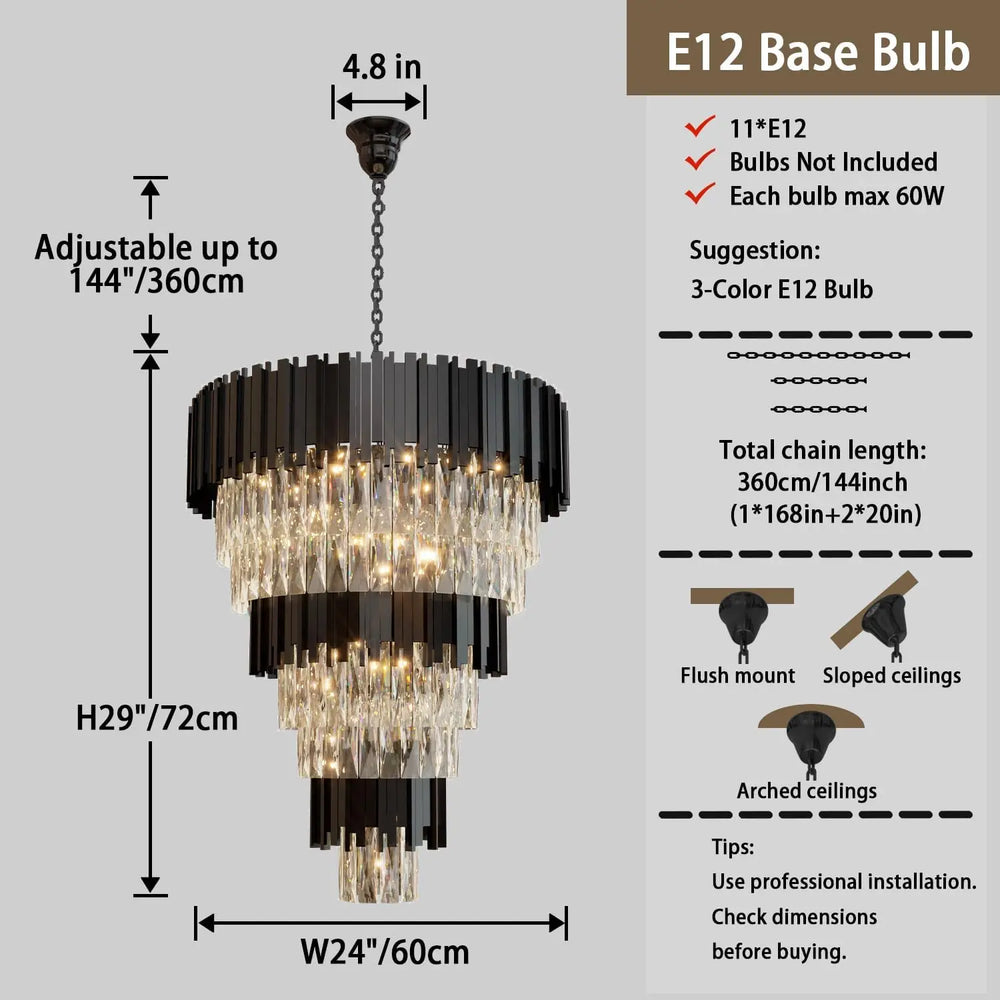 Chandelier with dimensions and installation instructions on a gray background