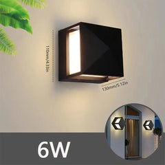 Black outdoor wall light fixture with dimensions and installation example on a neutral background