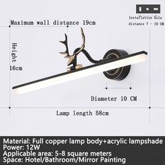Wall-mounted lamp with deer design and dimensions on a white background