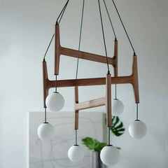Modern Multi-Arm Wood and Glass Chandelier