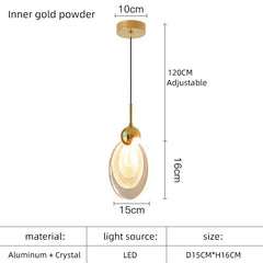 Gold pendant light with measurements and material details on a white background