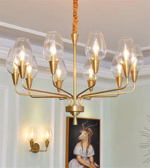Gold Metal Frame Blue Glass Tear Drop Pendant Chandelier Light Fixture