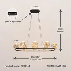Gold Crystal Orb Linear Pendant Light with Oval Frame