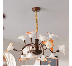 Bronze Floral Chandelier Pendant Light with Frosted Glass Bell Shades