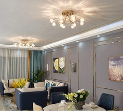Gold Floral Crystal Chandelier Semi-Flush Mount Light