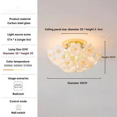 Ceiling light fixture with floral design and technical specifications on the left.
