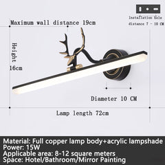 Wall-mounted lamp with deer head design and dimensions on a white background