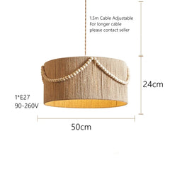 Jute Drum Pendant Light with Natural Wood Beads Accent