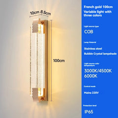Wall-mounted light fixture with dimensions and technical specifications on a blue background