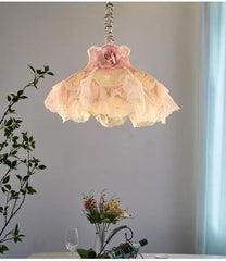Pink Fabric Rose Flower Dress Pendant Light with Lace Ruffles