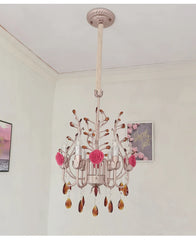 Pink Rose Ceramic Crystal Chandelier Semi-Flush Mount Light