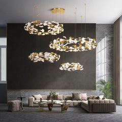 Gold Leaf Ring Pendant Light with White Accents Fixture