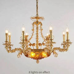 Gold chandelier with eight lights on a gray background