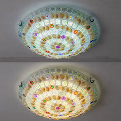 Comparison of the mosaic flush mount ceiling light with and without its illumination.