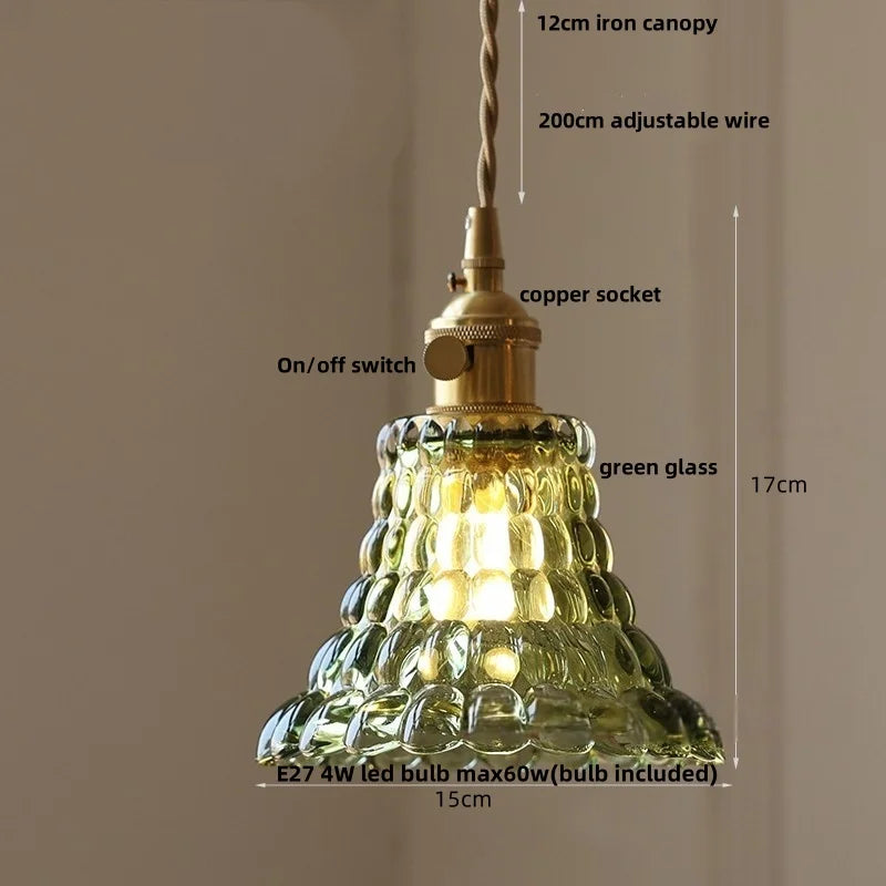 Pendant light with green glass shade and gold fixture, labeled with dimensions and features.