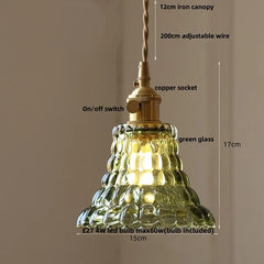 Pendant light with green glass shade and gold fixture, labeled with dimensions and features.