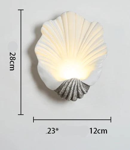 Shell-shaped wall light with dimensions and specifications on a gray background