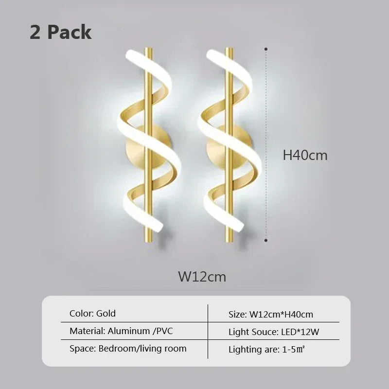 Two gold spiral wall lights with white accents on a gray background, labeled as a 2-pack.
