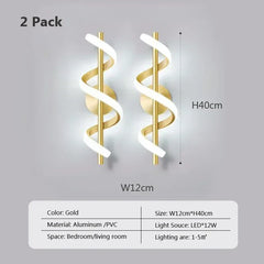 Two gold spiral wall lights with white accents on a gray background, labeled as a 2-pack.