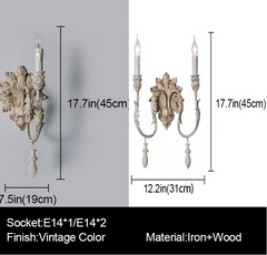 Wall sconces with dimensions and material details on a gray background