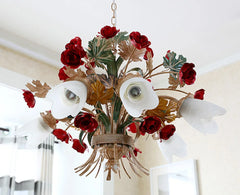 Gold Floral Rose Bud Ceramic Pendant Light with Frosted Glass Shades