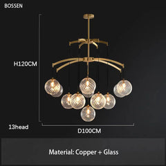 Chandelier with dimensions and material details on a black background