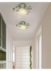 Green Flower Flush Mount Ceiling Light with White Roses