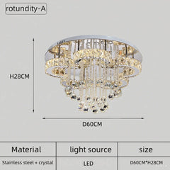 Chandelier with dimensions and material details on a gray background
