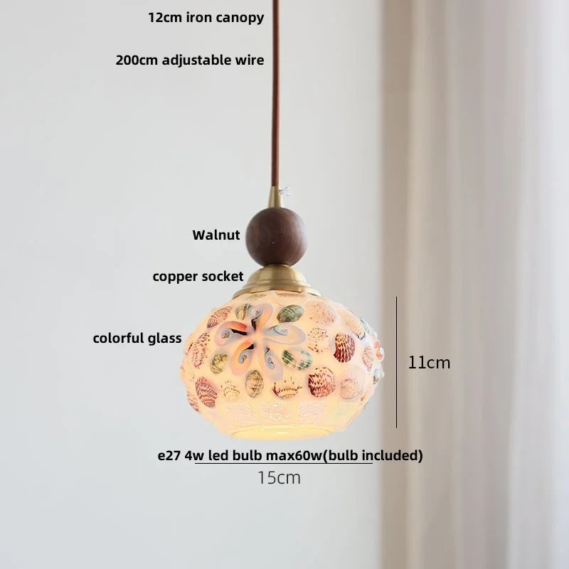 Pendant light with labeled parts and dimensions on a white background