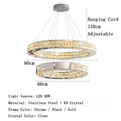 Chandelier with dimensions and material details on a white background