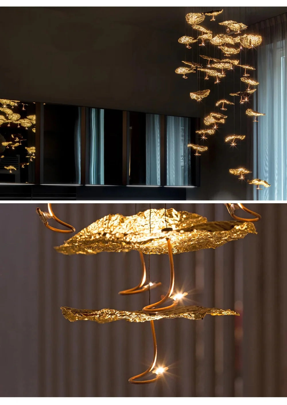 Gold chandelier with leaf-like design in a modern interior setting