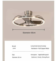 Ceiling fan light with specifications on a gray background
