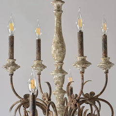 Distressed Wood Candle Chandelier with Floral Accents