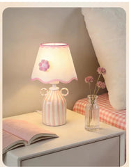 Striped Ceramic Table Lamp with Scalloped Floral Shade