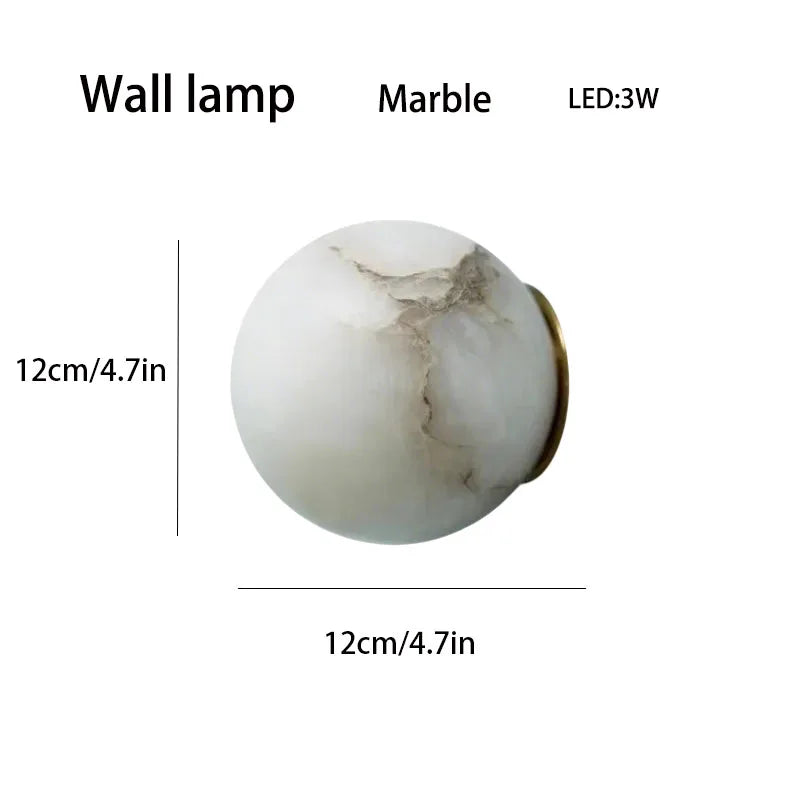 Marble-patterned wall lamp with dimensions and LED information on a white background