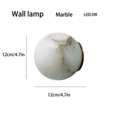 Marble-patterned wall lamp with dimensions and LED information on a white background