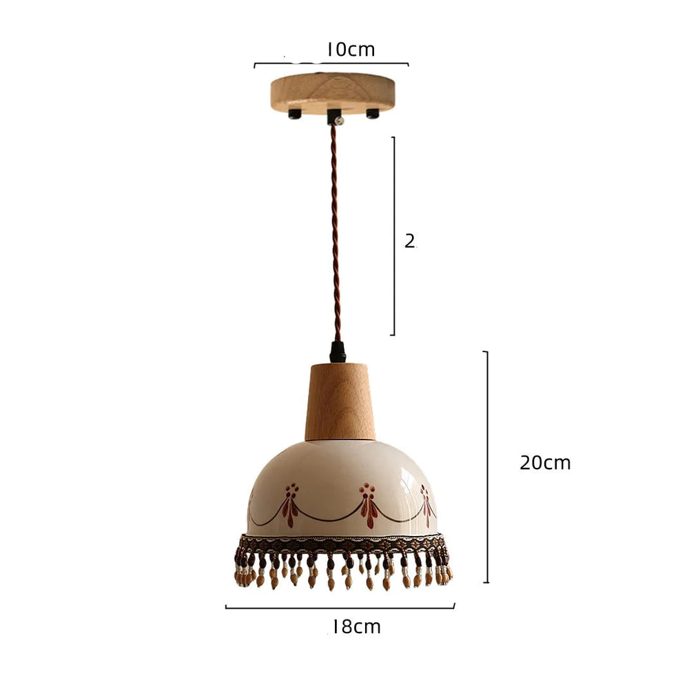 Pendant light with wooden shade and decorative elements, shown with measurements on a white background.