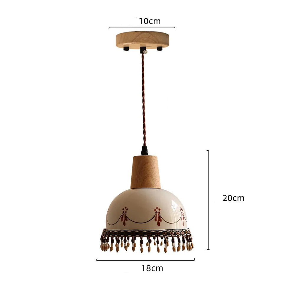 Pendant light with wooden shade and decorative elements, shown with measurements on a white background.