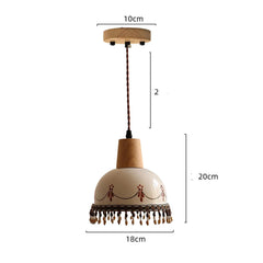 Pendant light with wooden shade and decorative elements, shown with measurements