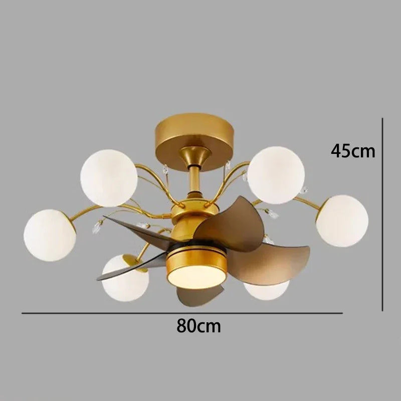 Gold chandelier with white glass shades on a gray background, showing dimensions.