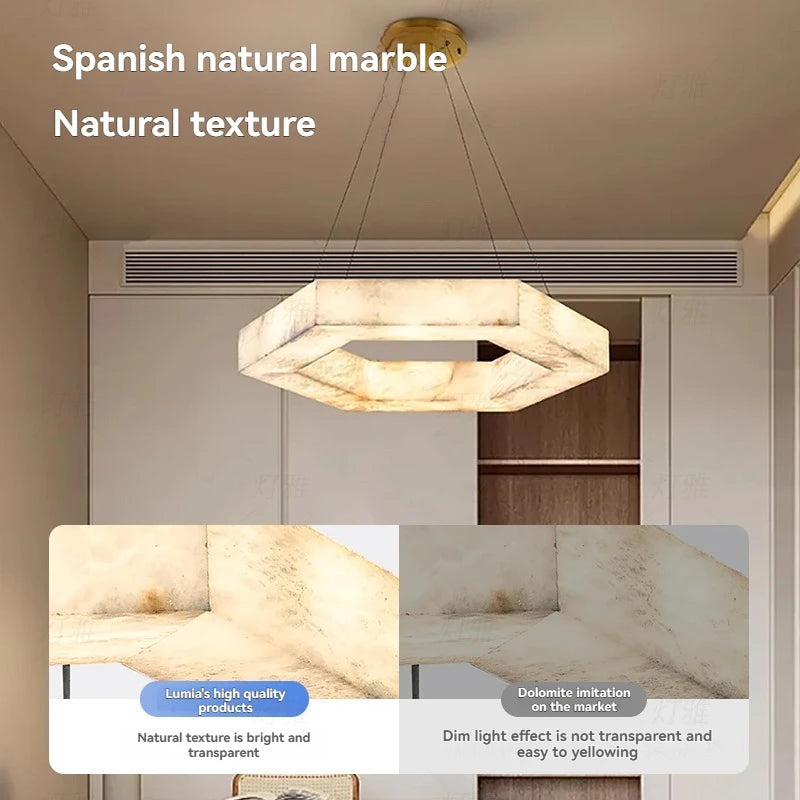 Modern pendant light with marble texture in a room setting