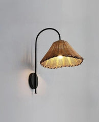 Rattan Cone Shade Wall Sconce with Black Metal Arm Natural Light