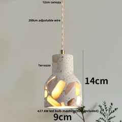 Terrazzo pendant light with measurements and bulb information on a neutral background