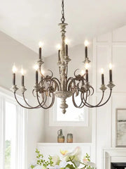 Distressed Wood Candle Chandelier with Floral Accents