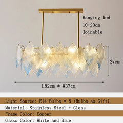 Chandelier with dimensions and material details on a gray background