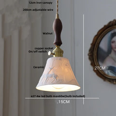Pendant light with measurements and features labeled on a neutral background