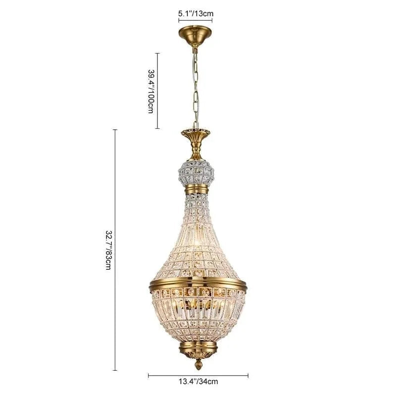 Gold and crystal chandelier with dimensions on a white background